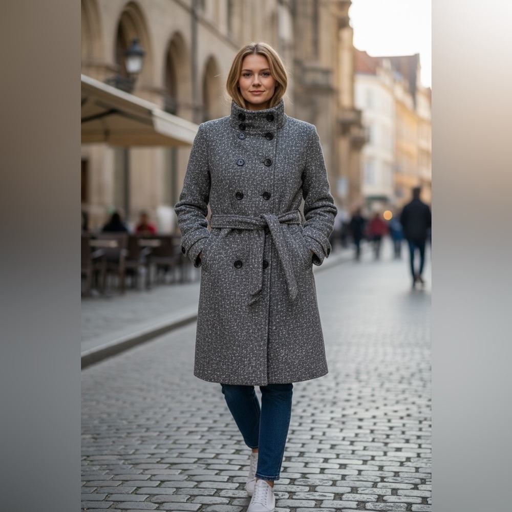 Ike Behar Women’s Double Breasted Fleece Belted Coat Size L Charcoal Peppered